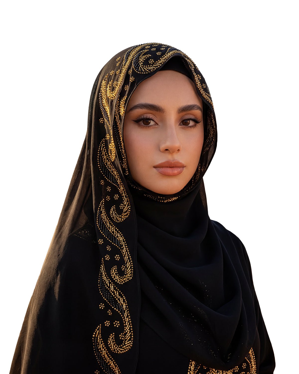 FEELITS TJ02 Dubai Style Gold Embroidered Black Hijab – Flowing Modest Headscarf - FEELITS
