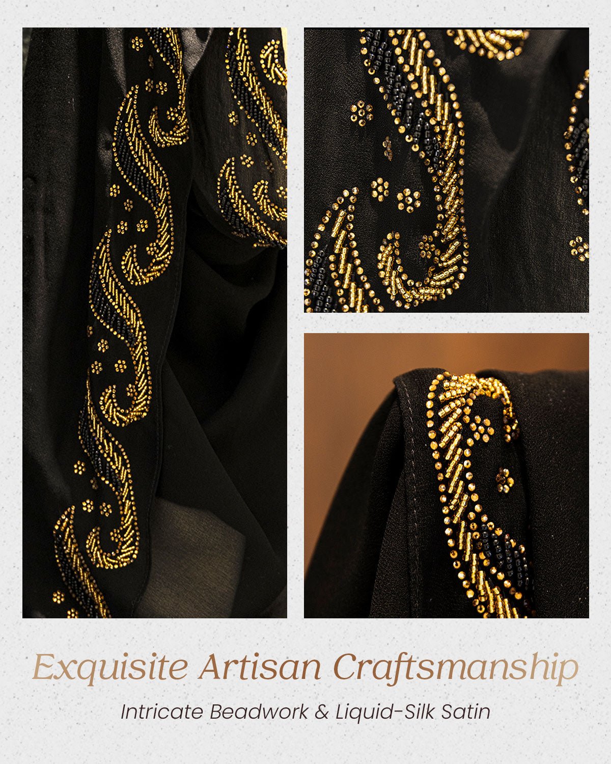 FEELITS TJ02 Dubai Style Gold Embroidered Black Hijab – Flowing Modest Headscarf - FEELITS