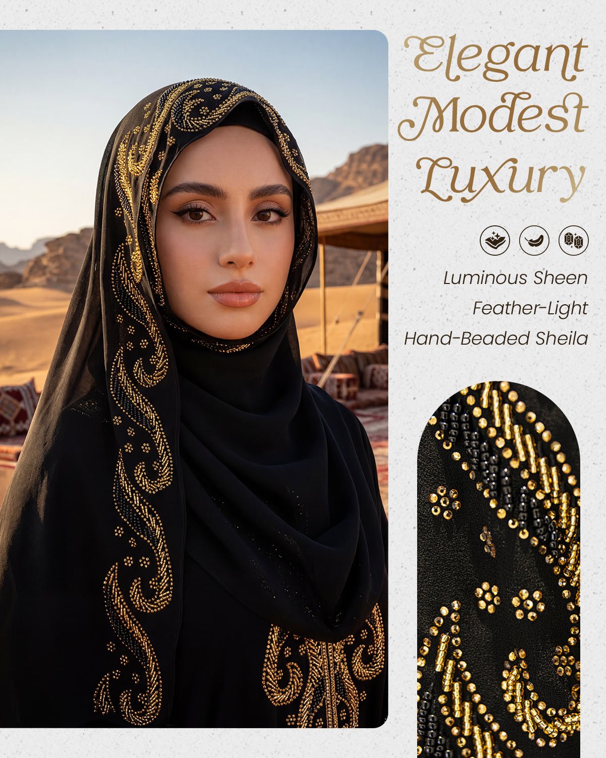 FEELITS TJ02 Dubai Style Gold Embroidered Black Hijab – Flowing Modest Headscarf - FEELITS