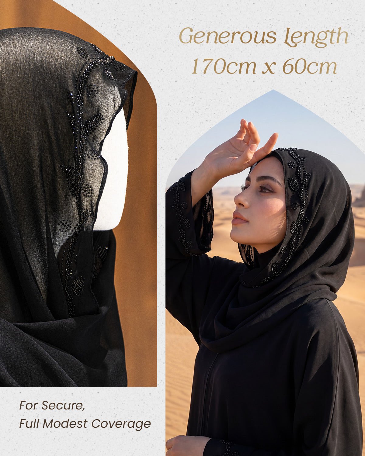 FEELITS TJ03 Black Embellished Hijab – Lightweight Everyday Modest Scarf - FEELITS