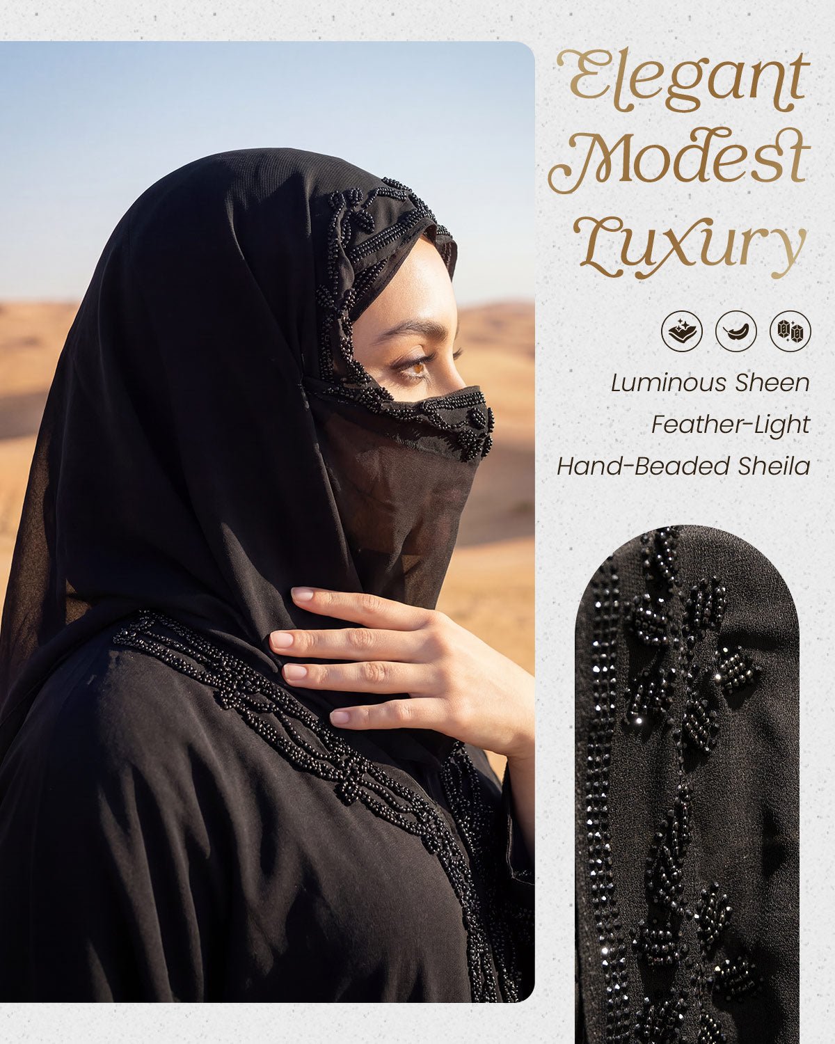 FEELITS TJ06 Veil Style Black Hijab – Lightweight Face Cover Scarf - FEELITS