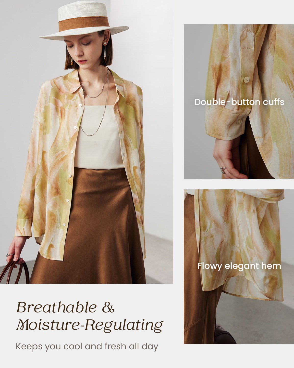 Feelits 100% 19 Momme Mulberry Silk Artistic Brush Print Long Sleeve Lapel Collar Women's Blouse - FEELITS