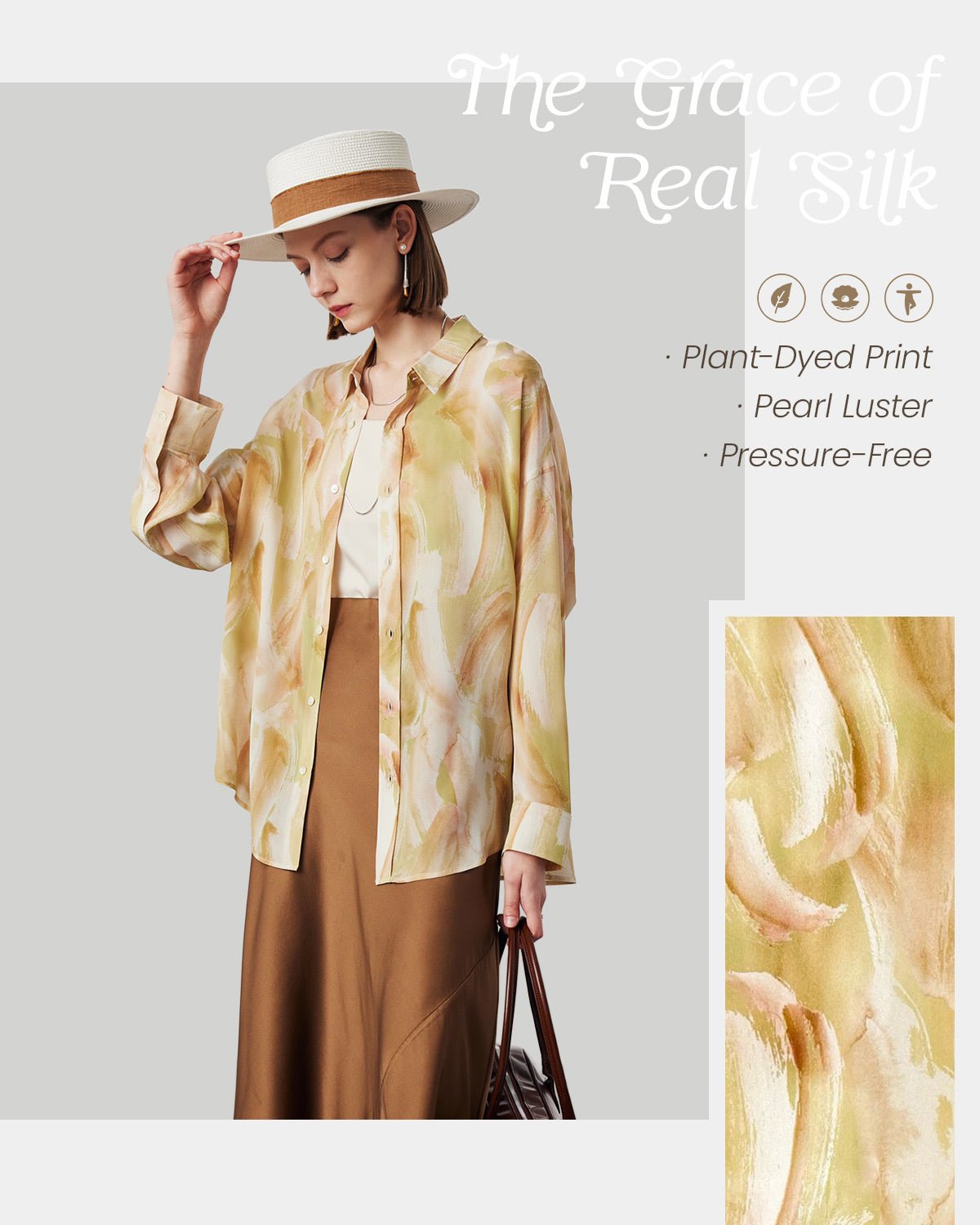 Feelits 100% 19 Momme Mulberry Silk Artistic Brush Print Long Sleeve Lapel Collar Women's Blouse - FEELITS