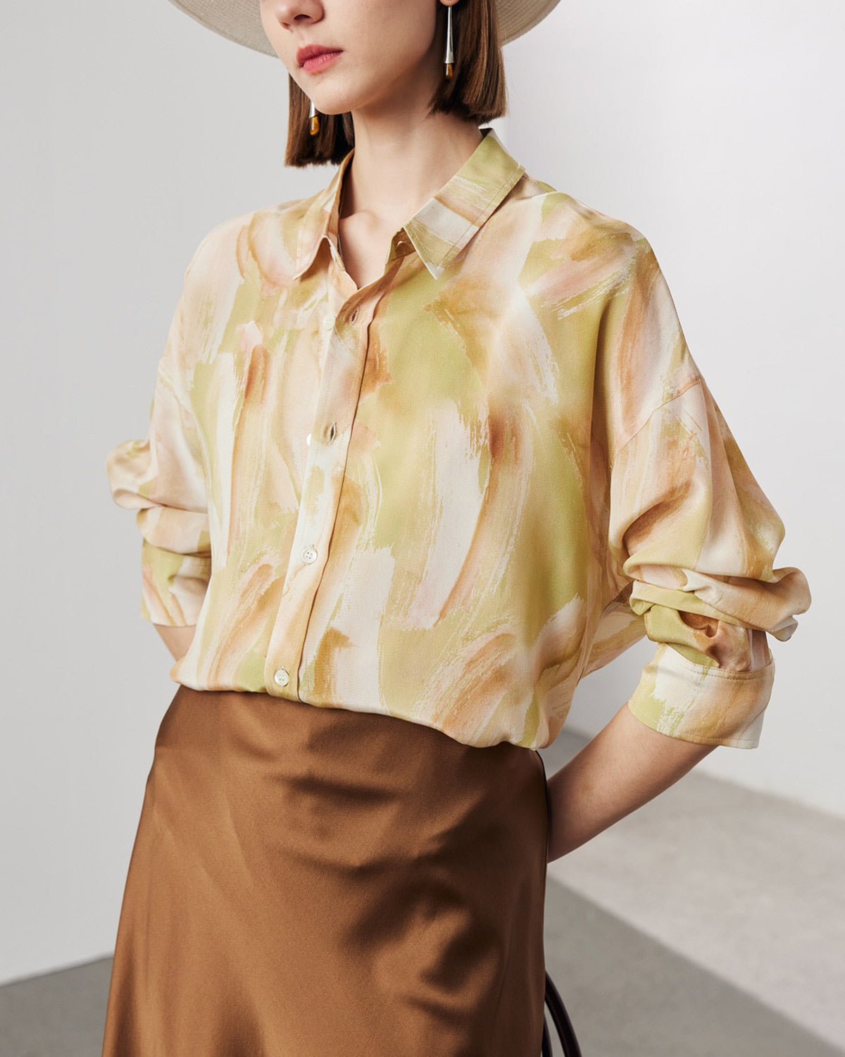 Feelits 100% 19 Momme Mulberry Silk Artistic Brush Print Long Sleeve Lapel Collar Women's Blouse - FEELITS