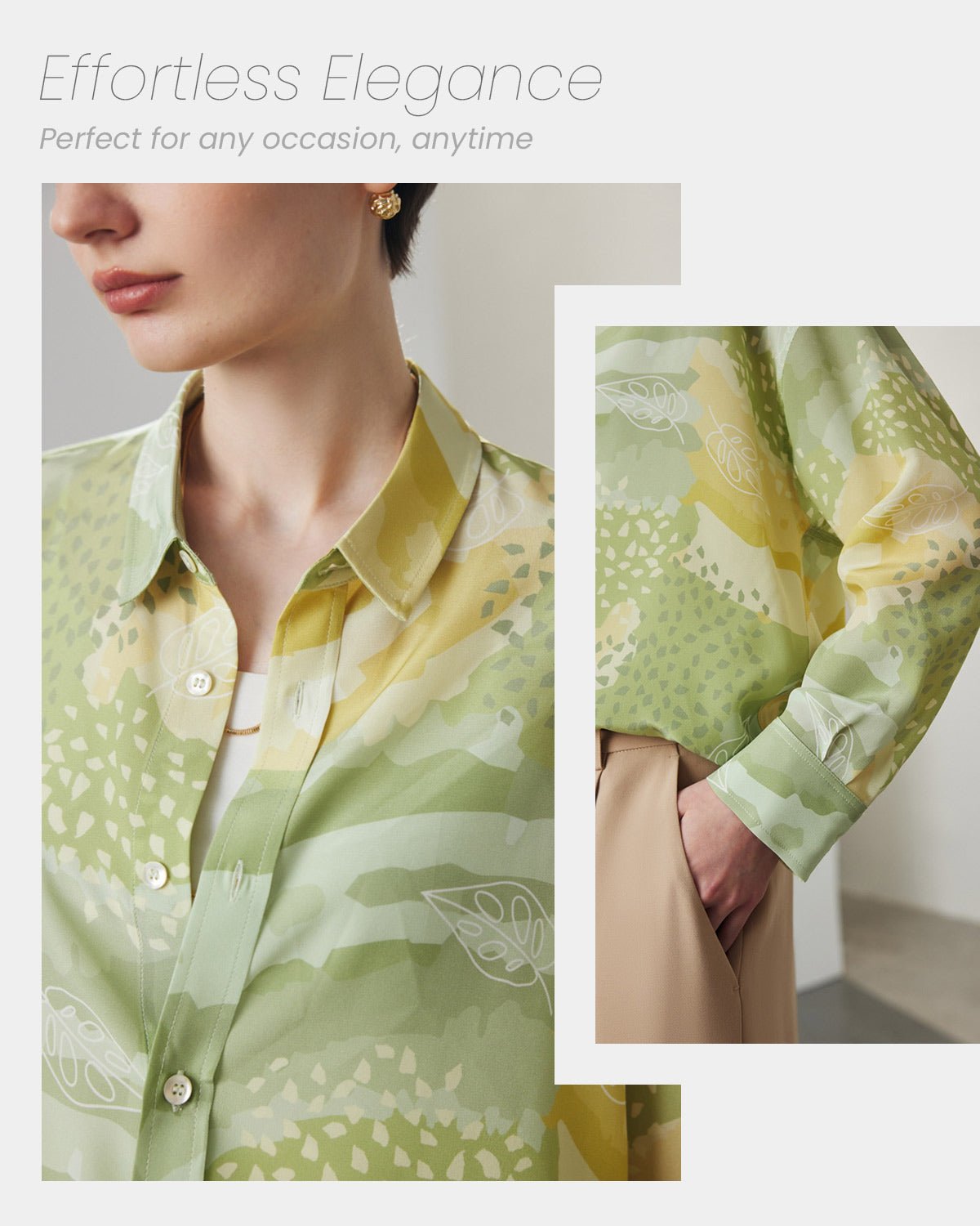 Feelits 100% 19 Momme Mulberry Silk Artistic Print Long Sleeve Lapel Collar Women's Blouse - FEELITS