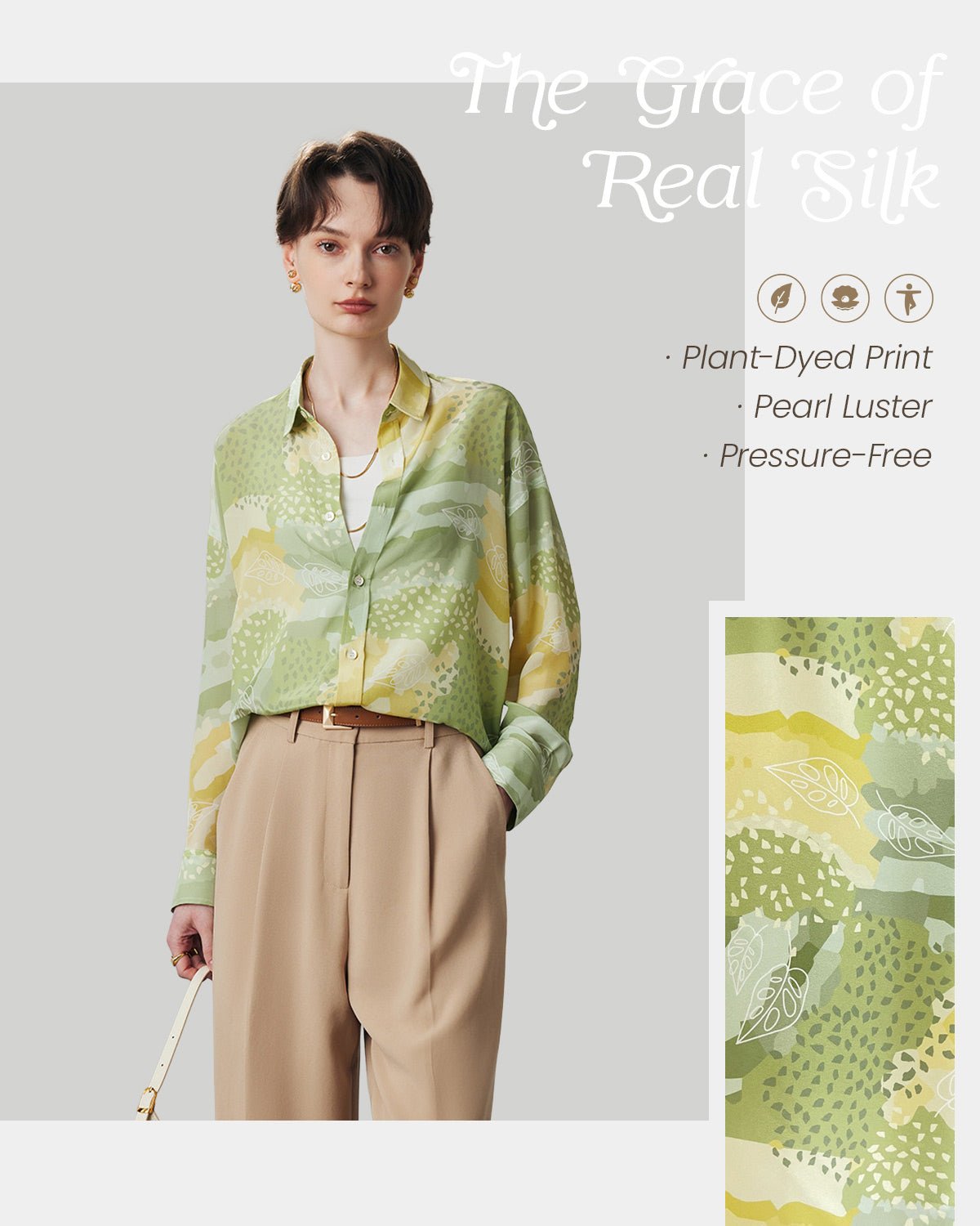 Feelits 100% 19 Momme Mulberry Silk Artistic Print Long Sleeve Lapel Collar Women's Blouse - FEELITS