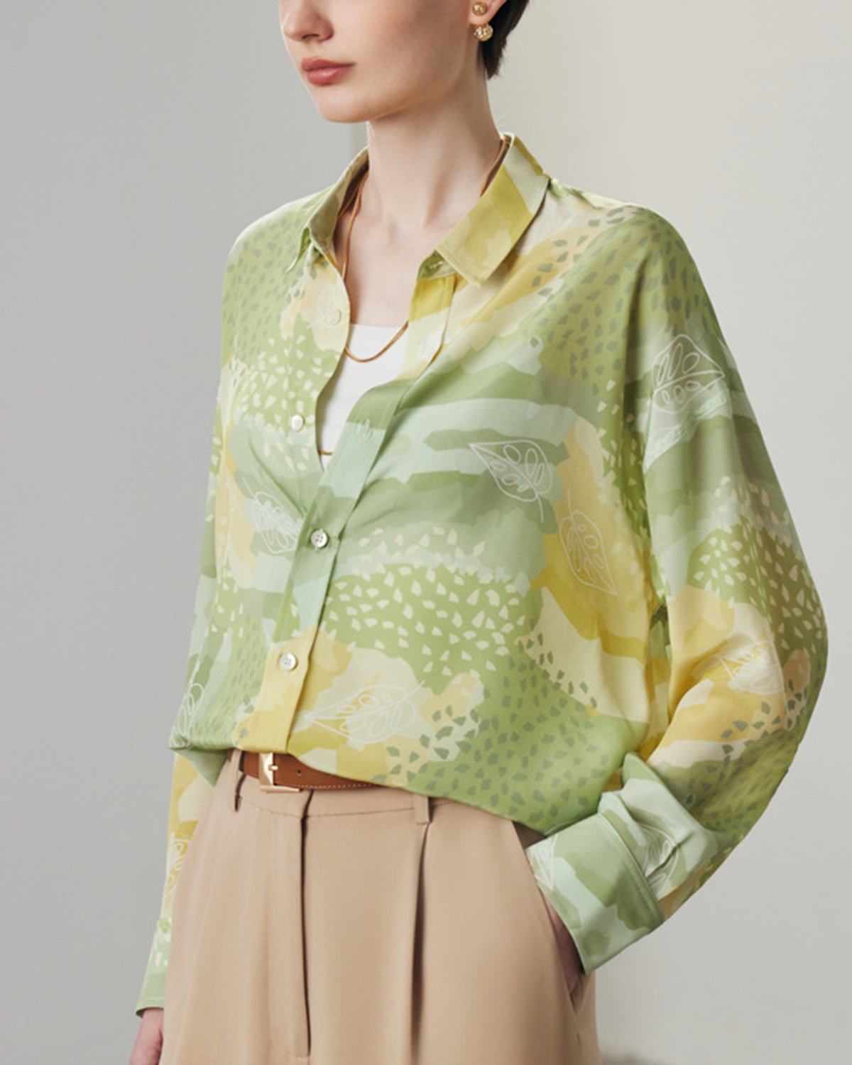 Feelits 100% 19 Momme Mulberry Silk Artistic Print Long Sleeve Lapel Collar Women's Blouse - FEELITS