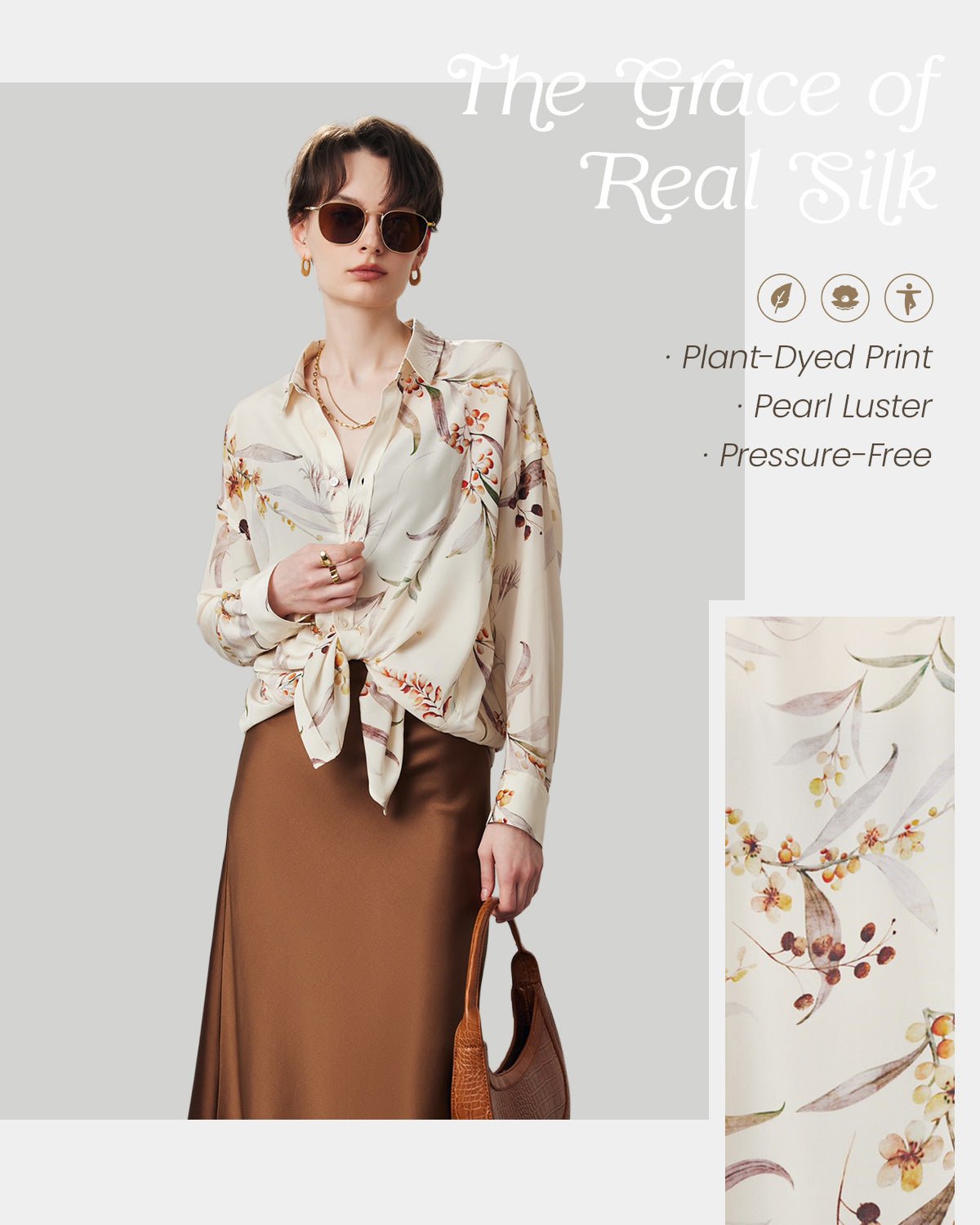 Feelits 100% 19 Momme Mulberry Silk Champagne Floral Print Long Sleeve Lapel Collar Women's Blouse - FEELITS