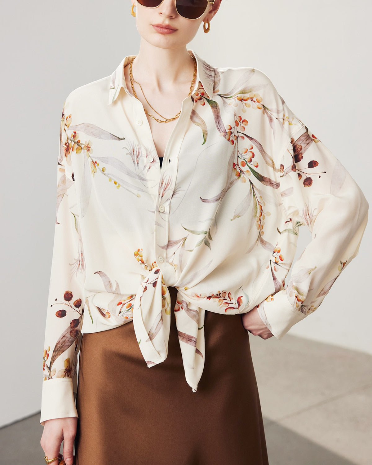 Feelits 100% 19 Momme Mulberry Silk Champagne Floral Print Long Sleeve Lapel Collar Women's Blouse - FEELITS