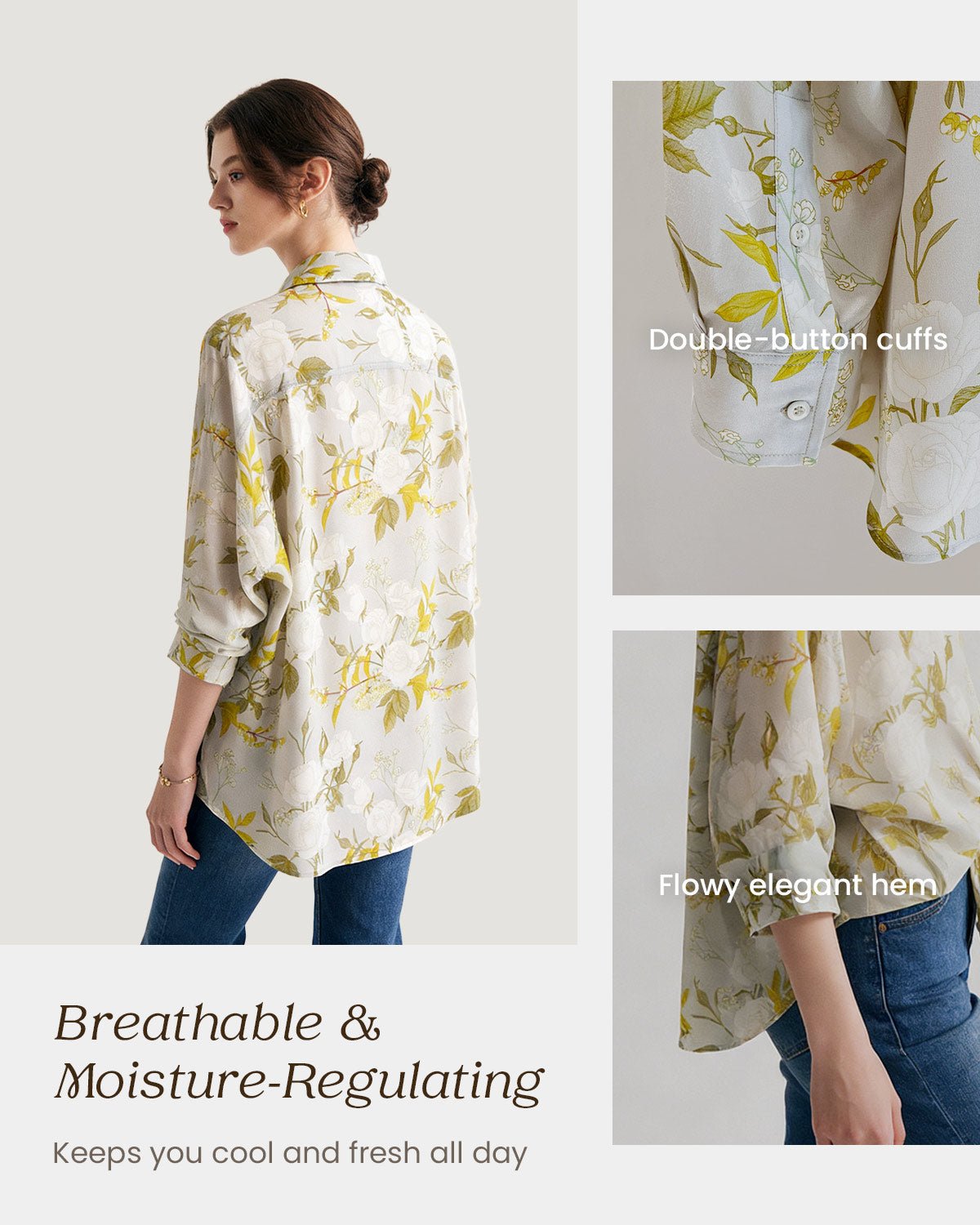 Feelits 100% 19 Momme Mulberry Silk Floral & Leaf Print Long Sleeve Lapel Collar Women's Blouse - FEELITS