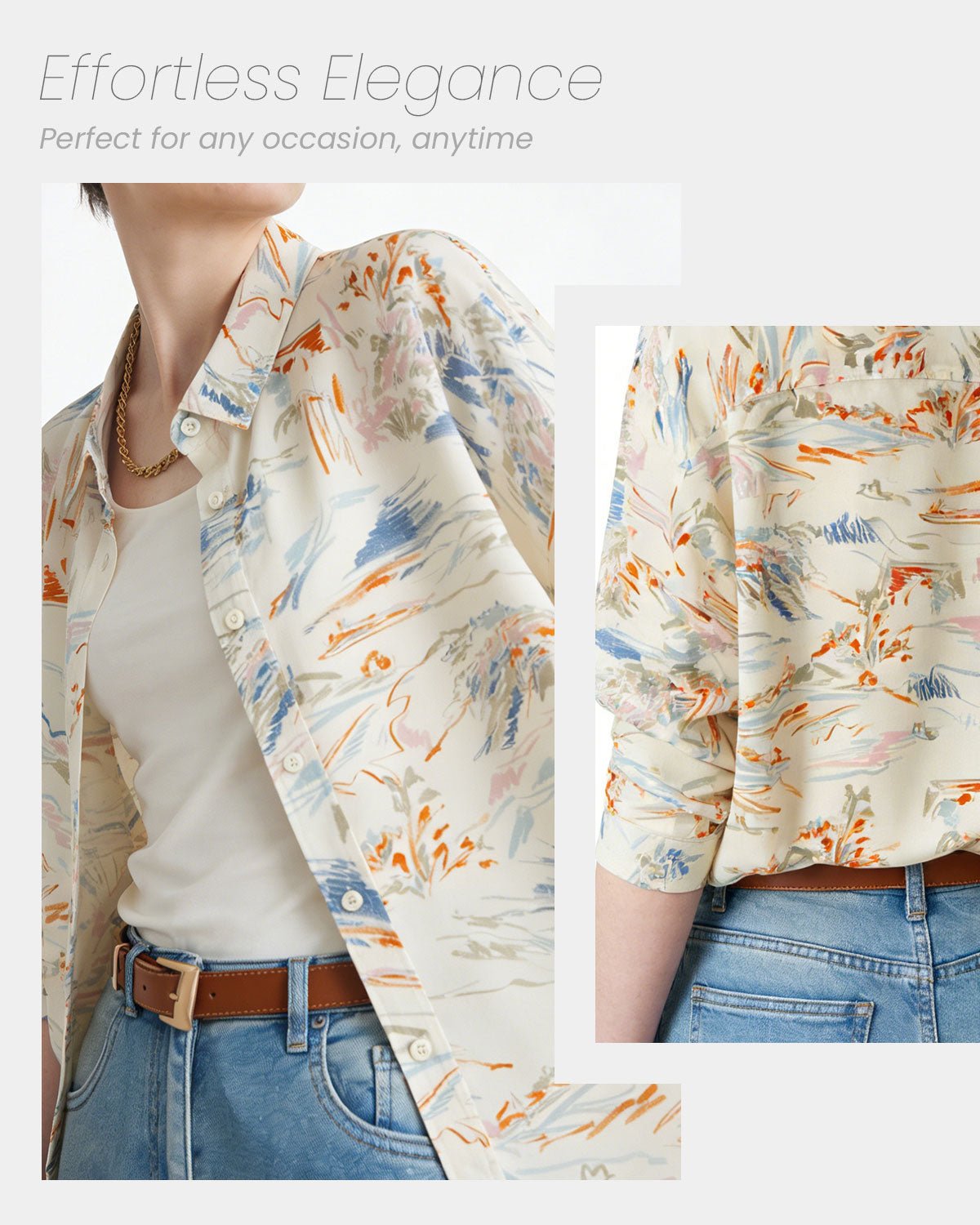 Feelits 100% 19 Momme Mulberry Silk Ivory Long Sleeve Lapel Collar Women's Blouse - FEELITS