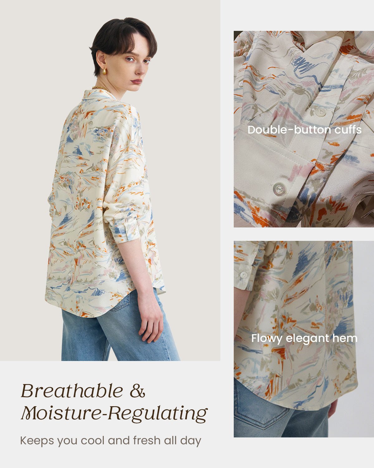 Feelits 100% 19 Momme Mulberry Silk Ivory Long Sleeve Lapel Collar Women's Blouse - FEELITS