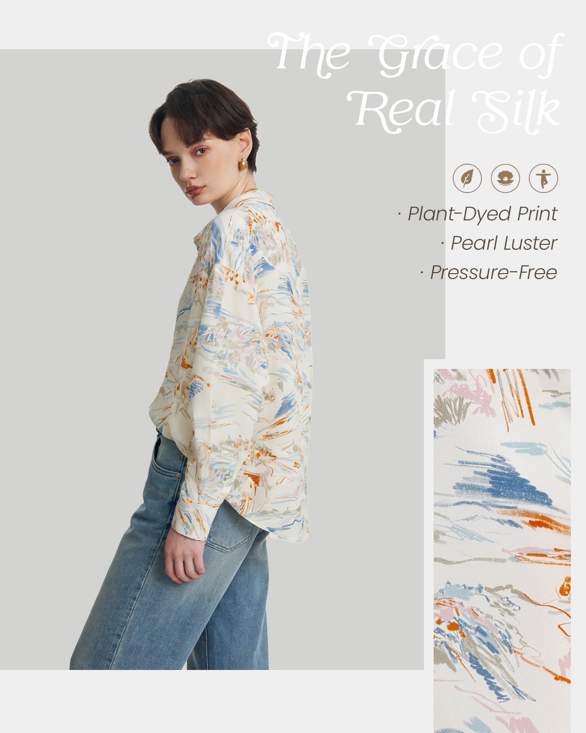 Feelits 100% 19 Momme Mulberry Silk Ivory Long Sleeve Lapel Collar Women's Blouse - FEELITS