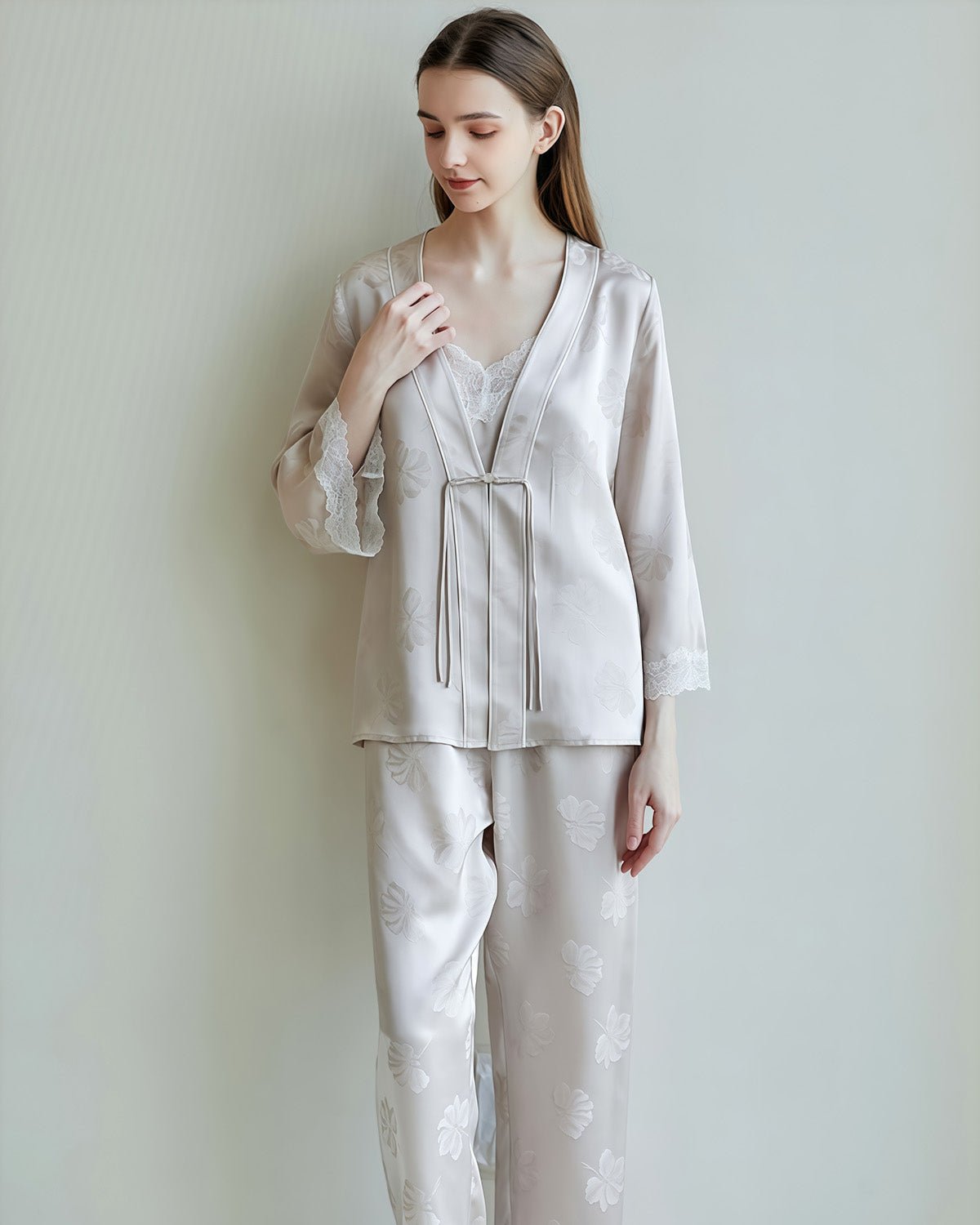 FEELITS 100% 6A Grade Mulberry Silk Pajama Set - 19mm Silk with Lace Design - Camisole & Long Pants with Elegant Print - Comfortable & Relaxed Loungewear Set - FEELITS