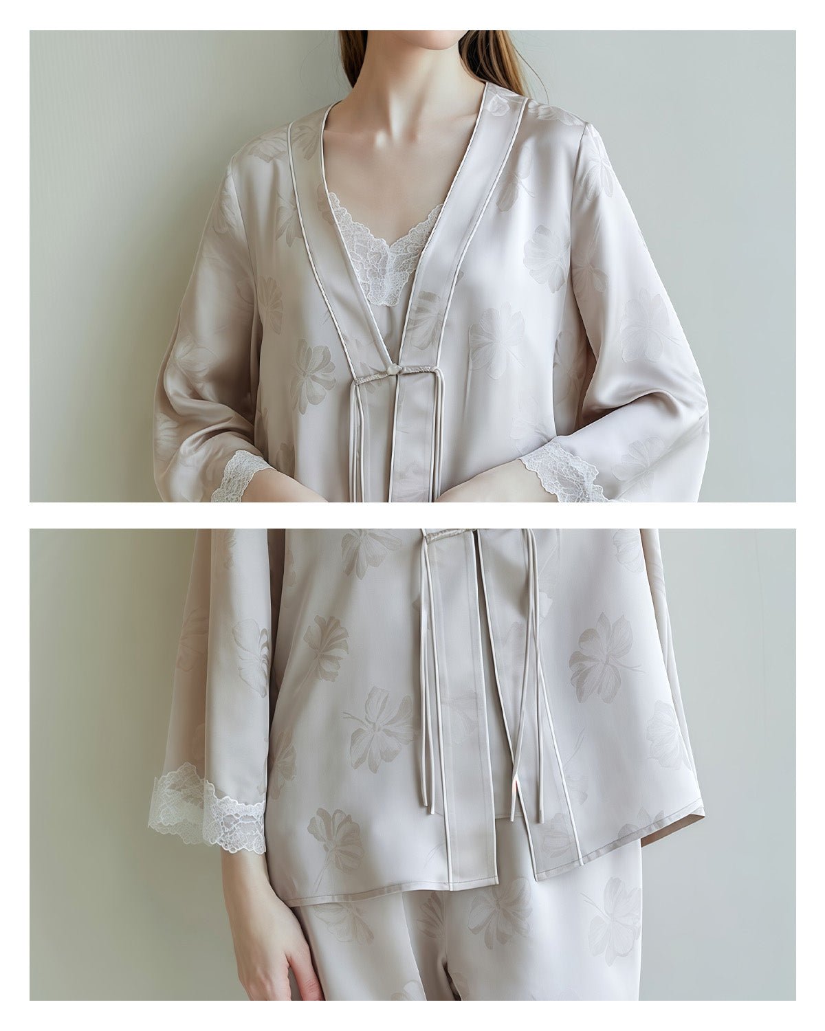 FEELITS 100% 6A Grade Mulberry Silk Pajama Set - 19mm Silk with Lace Design - Camisole & Long Pants with Elegant Print - Comfortable & Relaxed Loungewear Set - FEELITS