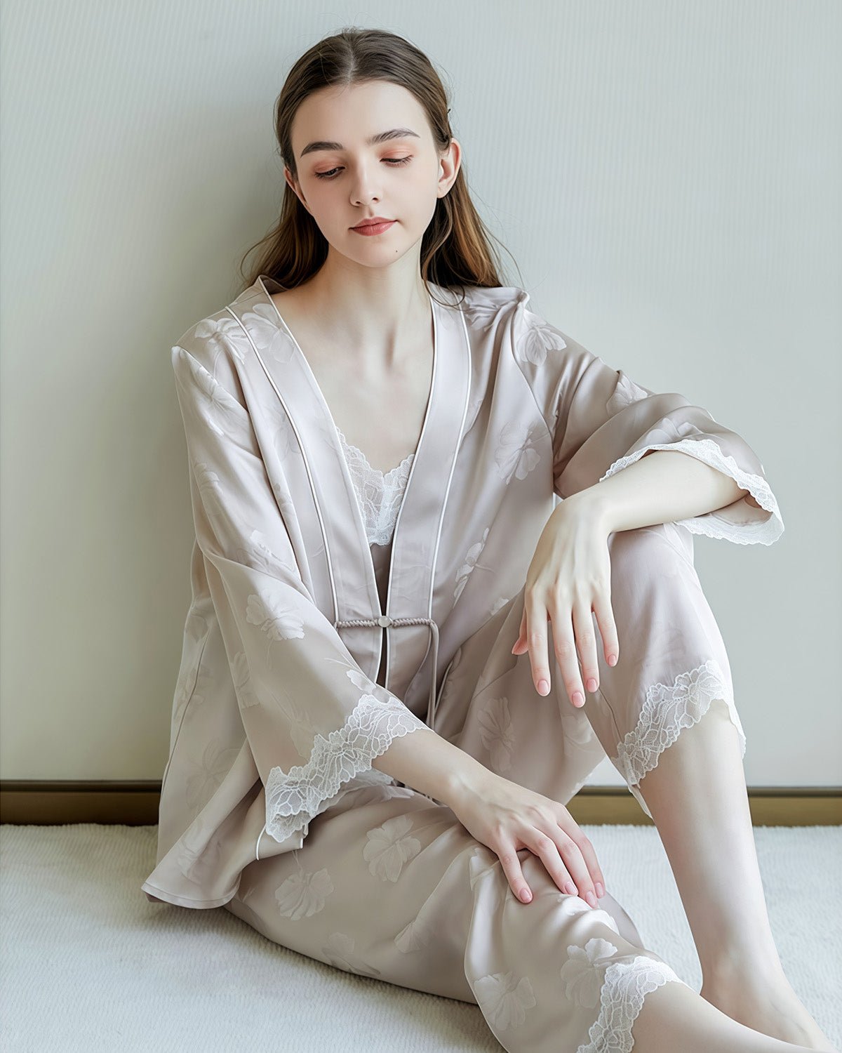 FEELITS 100% 6A Grade Mulberry Silk Pajama Set - 19mm Silk with Lace Design - Camisole & Long Pants with Elegant Print - Comfortable & Relaxed Loungewear Set - FEELITS