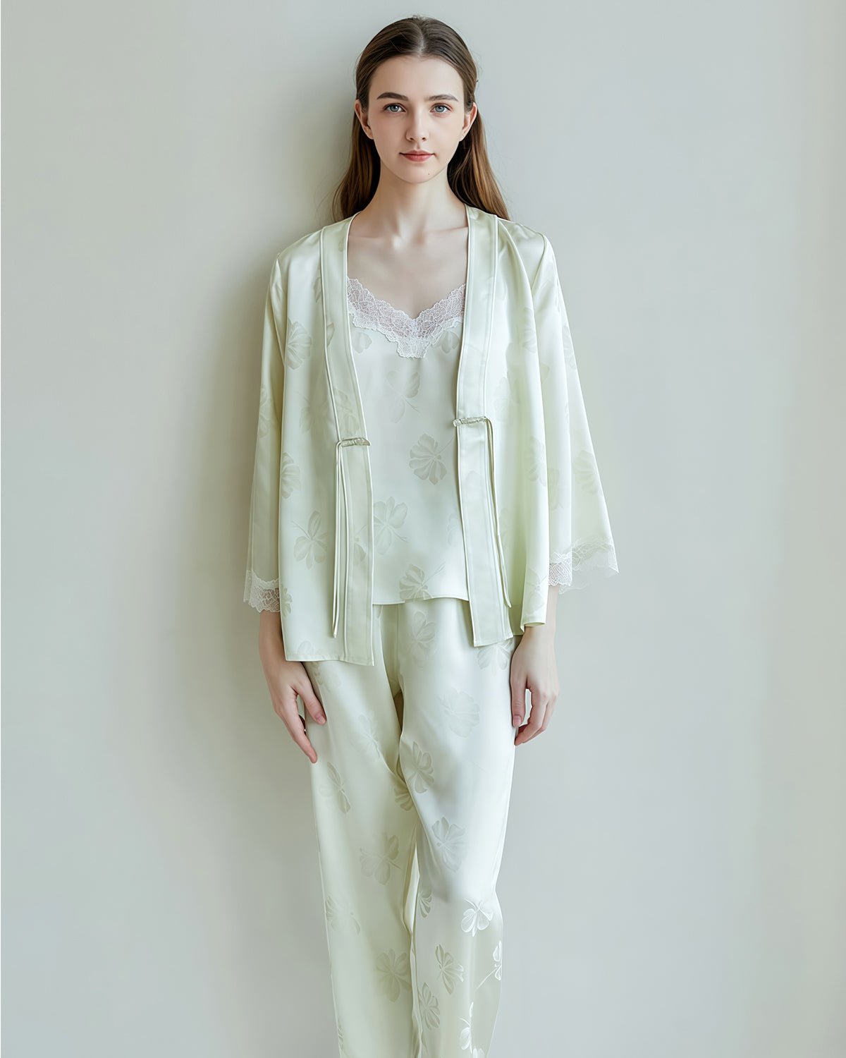 FEELITS 100% 6A Grade Mulberry Silk Pajama Set - 19mm Silk with Lace Design - Camisole & Long Pants with Elegant Print - Comfortable & Relaxed Loungewear Set - FEELITS