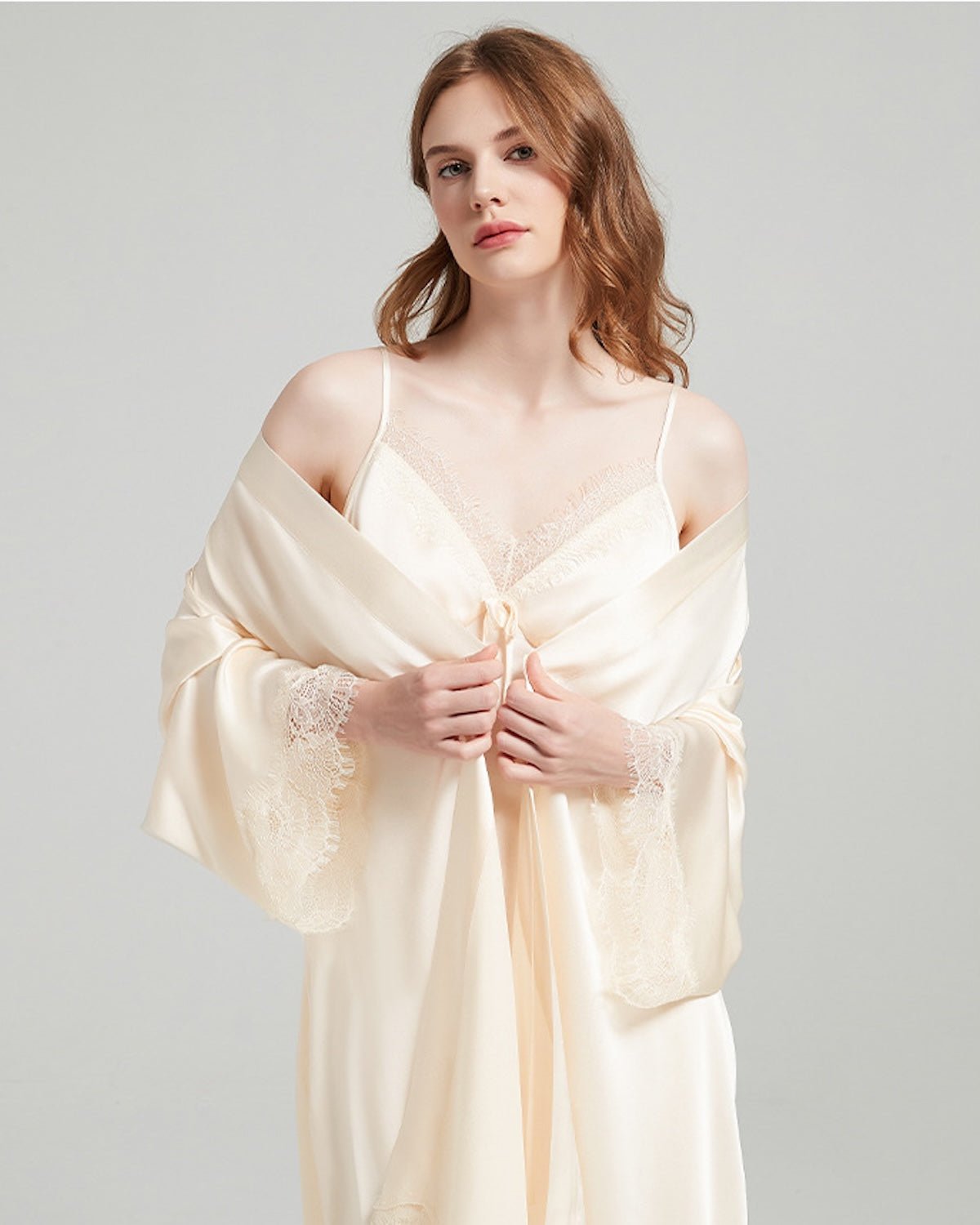 FEELITS 100% 6A+ Mulberry Silk Lace Slip Dress & Robe Set with Lace Trim – Luxury Bridal, Honeymoon Sleepwear & Everyday Loungewear - FEELITS