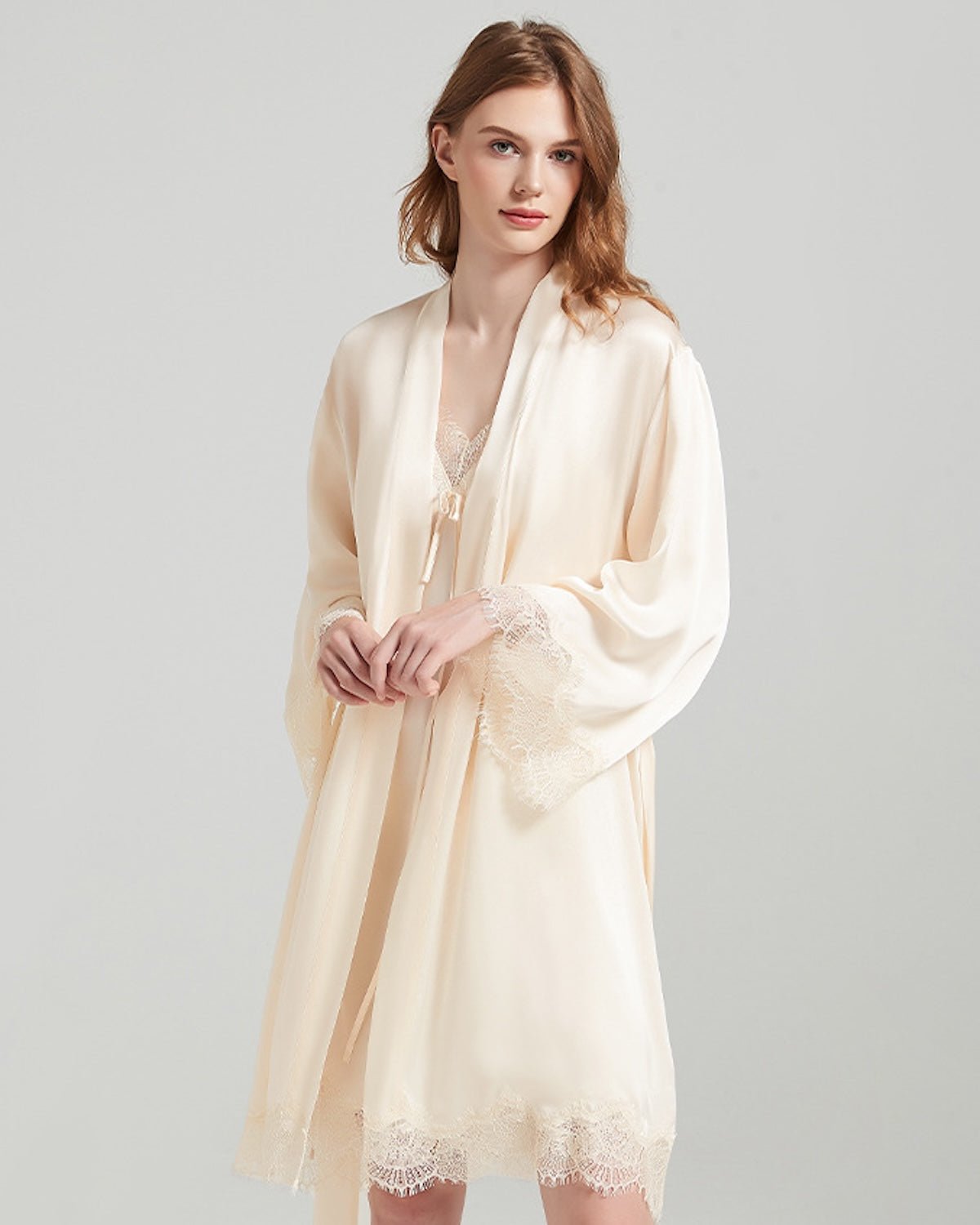 FEELITS 100% 6A+ Mulberry Silk Lace Slip Dress & Robe Set with Lace Trim – Luxury Bridal, Honeymoon Sleepwear & Everyday Loungewear - FEELITS