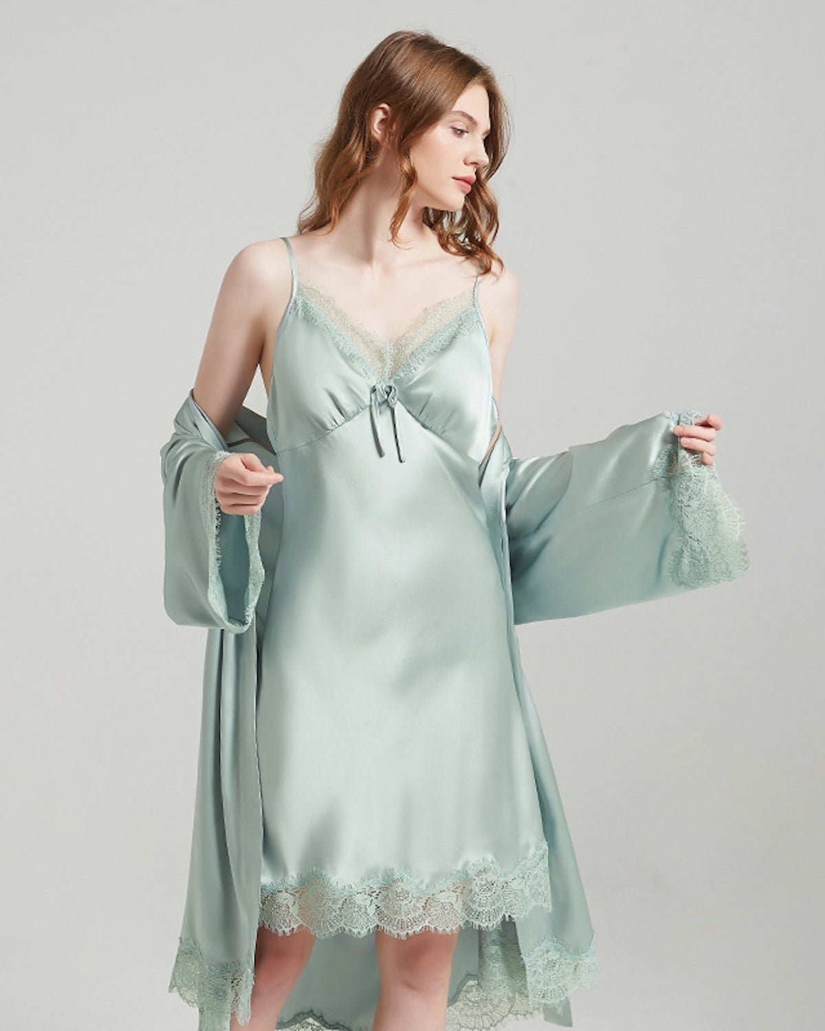 FEELITS 100% 6A+ Mulberry Silk Lace Slip Dress & Robe Set with Lace Trim – Luxury Bridal, Honeymoon Sleepwear & Everyday Loungewear - FEELITS