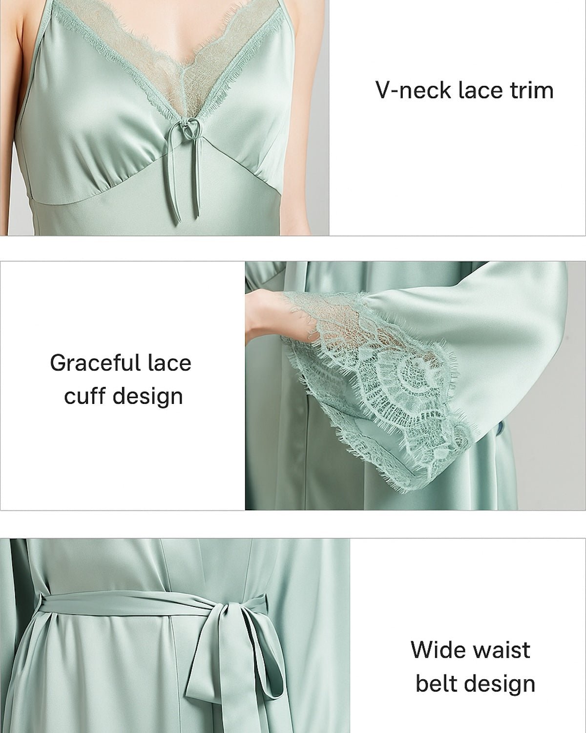 FEELITS 100% 6A+ Mulberry Silk Lace Slip Dress & Robe Set with Lace Trim – Luxury Bridal, Honeymoon Sleepwear & Everyday Loungewear - FEELITS