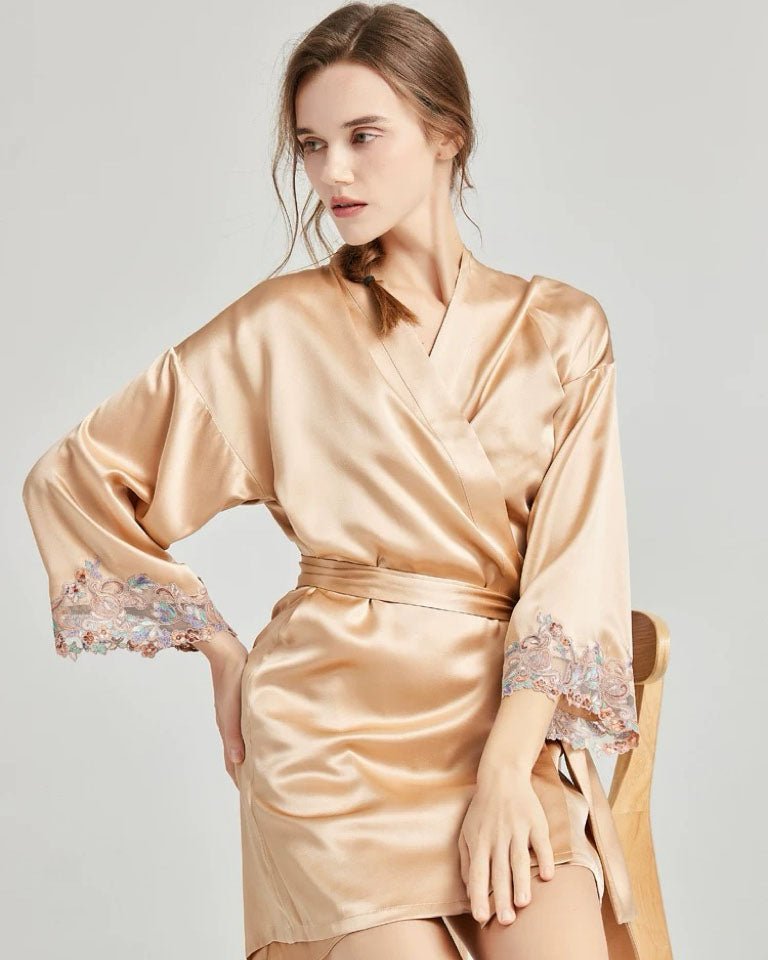 FEELITS 100% Mulberry Silk Bridal Cami Set, Midi Slip Dress, Long Silk Nightdress, Midi Robe and Full - Length Silk Bridal Robe – Golden Champagne & Blush Pink - FEELITS