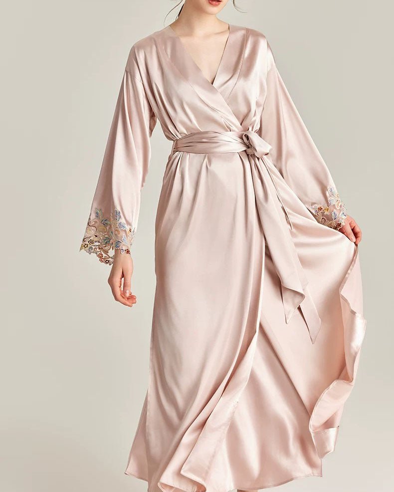 FEELITS 100% Mulberry Silk Bridal Cami Set, Midi Slip Dress, Long Silk Nightdress, Midi Robe and Full - Length Silk Bridal Robe – Golden Champagne & Blush Pink - FEELITS