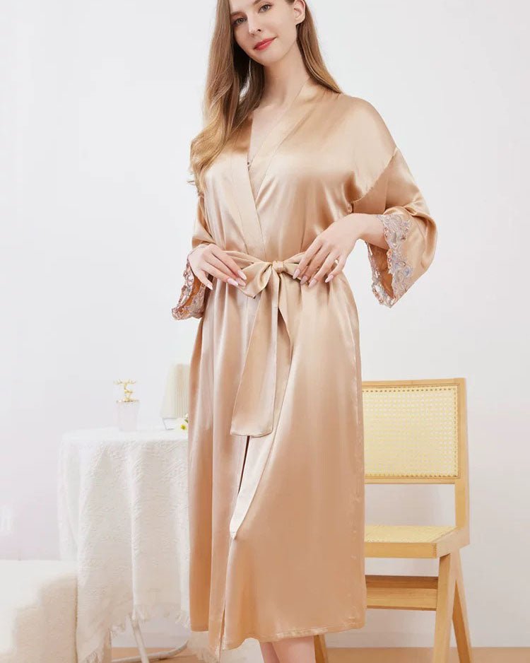 FEELITS 100% Mulberry Silk Bridal Cami Set, Midi Slip Dress, Long Silk Nightdress, Midi Robe and Full - Length Silk Bridal Robe – Golden Champagne & Blush Pink - FEELITS