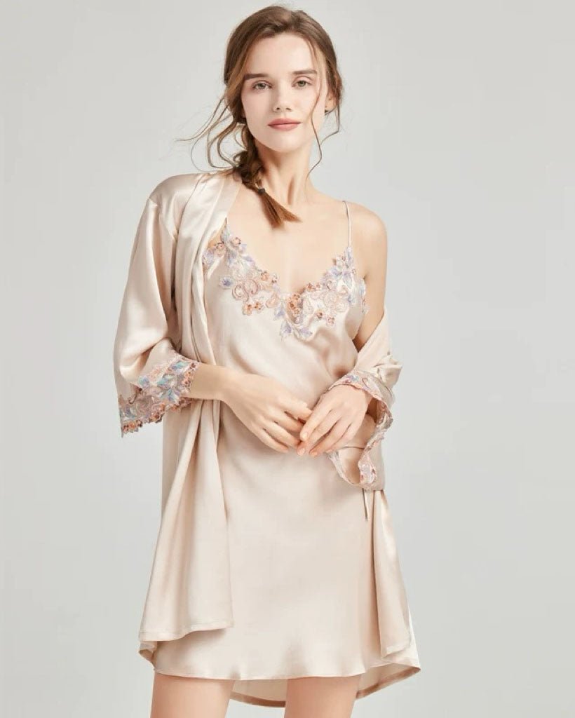 FEELITS 100% Mulberry Silk Bridal Cami Set, Midi Slip Dress, Long Silk Nightdress, Midi Robe and Full - Length Silk Bridal Robe – Golden Champagne & Blush Pink - FEELITS