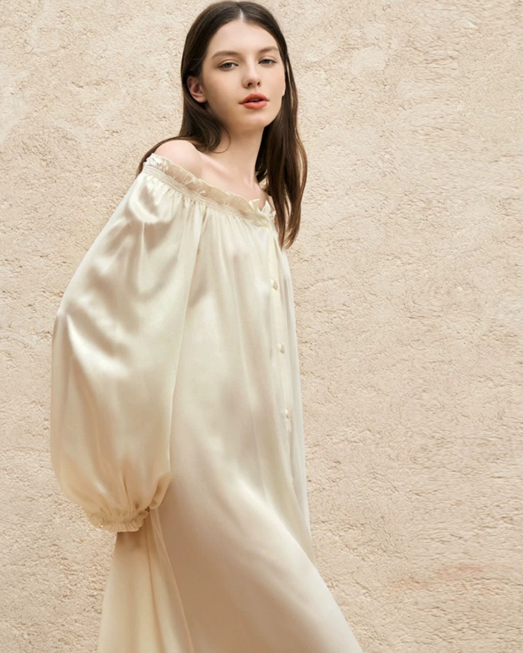 FEELITS 100% Mulberry Silk Bridal Robe & Lounge Nightdress – Vintage French Off - Shoulder Slip Gown - FEELITS