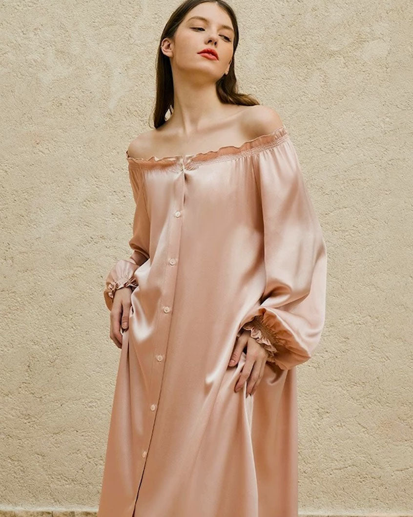 FEELITS 100% Mulberry Silk Bridal Robe & Lounge Nightdress – Vintage French Off - Shoulder Slip Gown - FEELITS