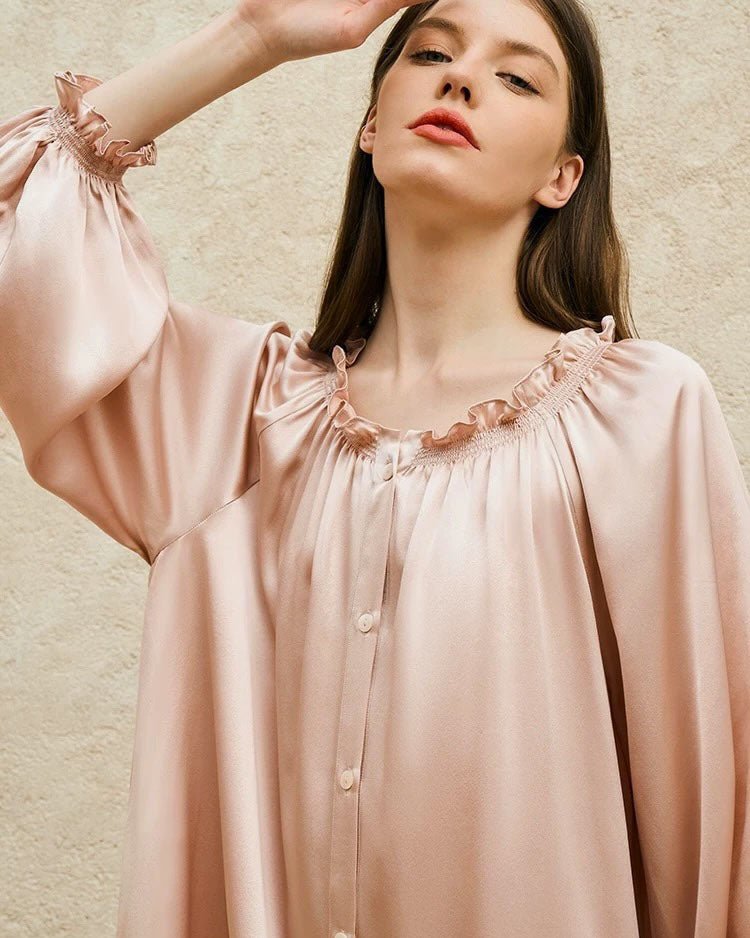 FEELITS 100% Mulberry Silk Bridal Robe & Lounge Nightdress – Vintage French Off - Shoulder Slip Gown - FEELITS