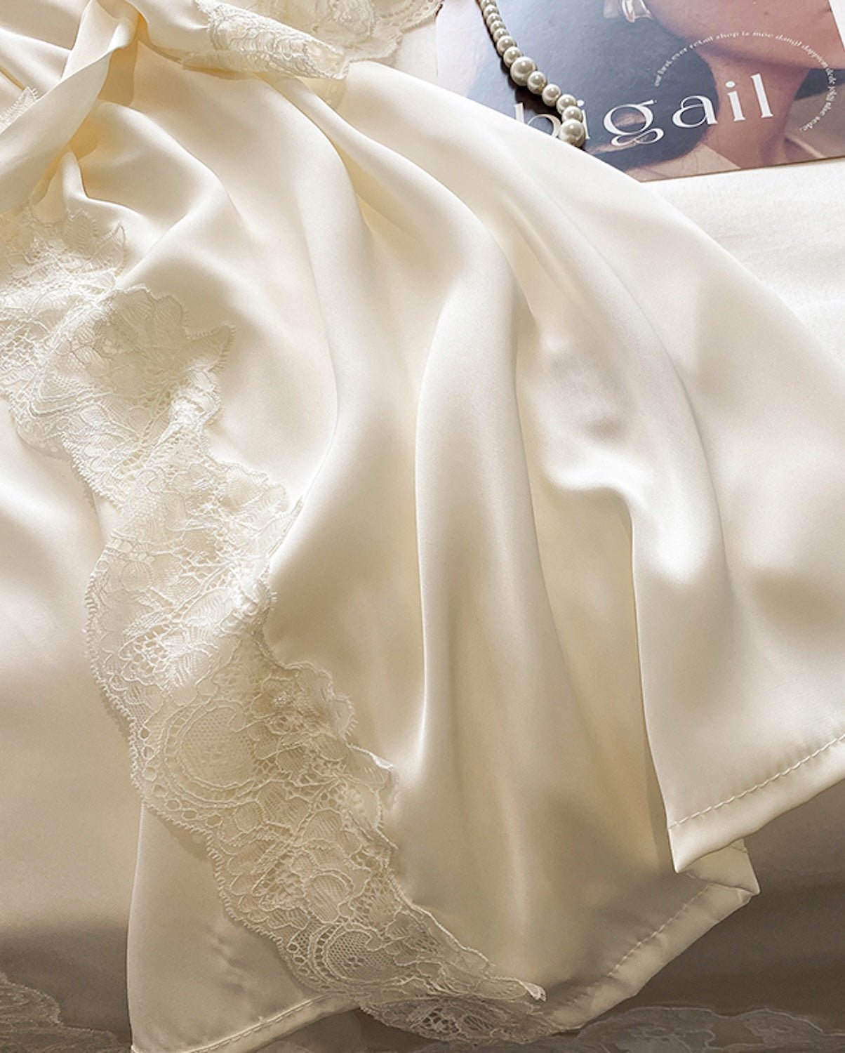 FEELITS 100% Mulberry Silk Lace - Trim Robe | Elegant Champagne Beige Bridal & Loungewear - FEELITS