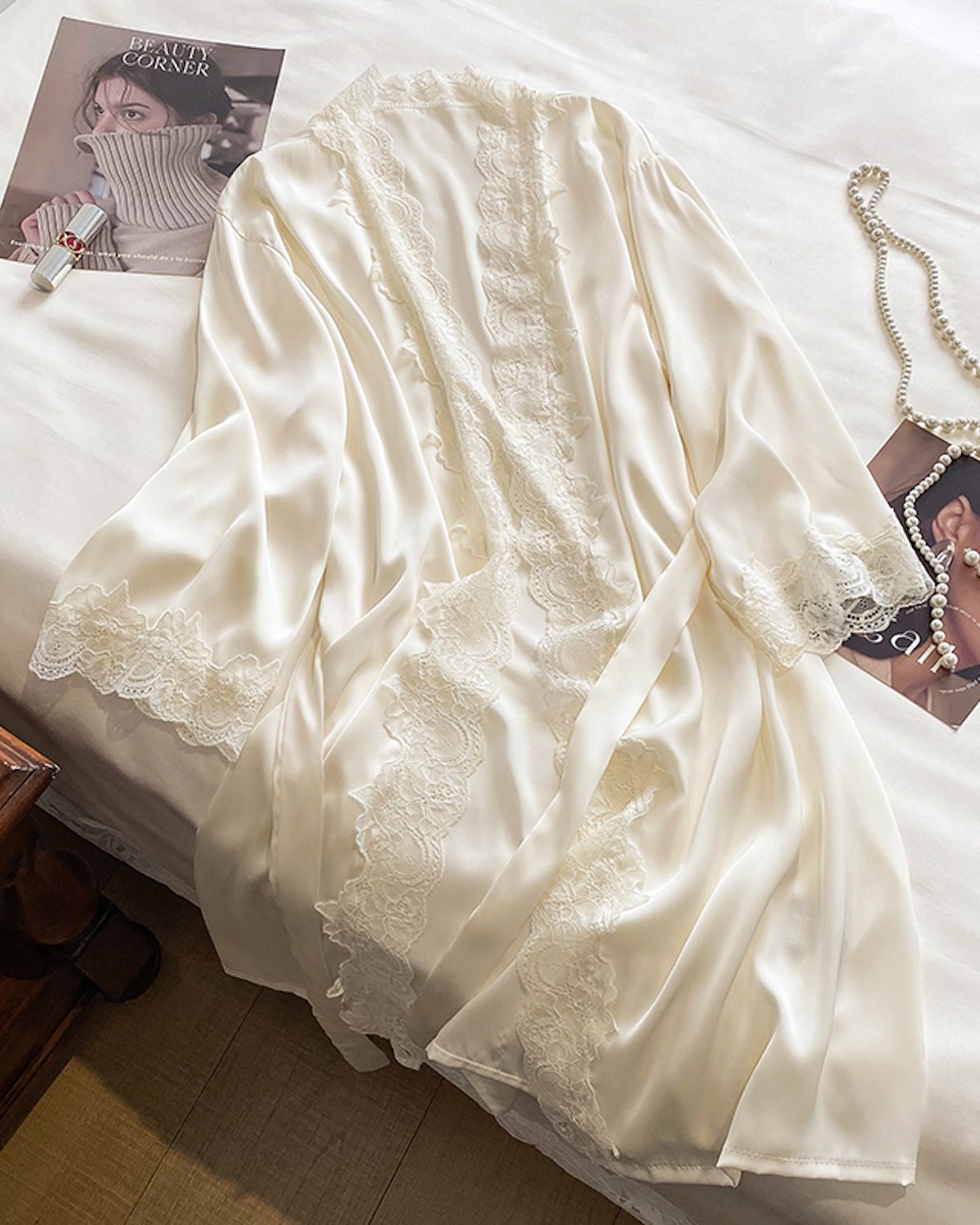 FEELITS 100% Mulberry Silk Lace - Trim Robe | Elegant Champagne Beige Bridal & Loungewear - FEELITS