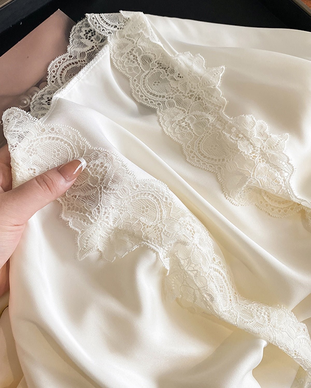 FEELITS 100% Mulberry Silk Lace - Trim Robe | Elegant Champagne Beige Bridal & Loungewear - FEELITS