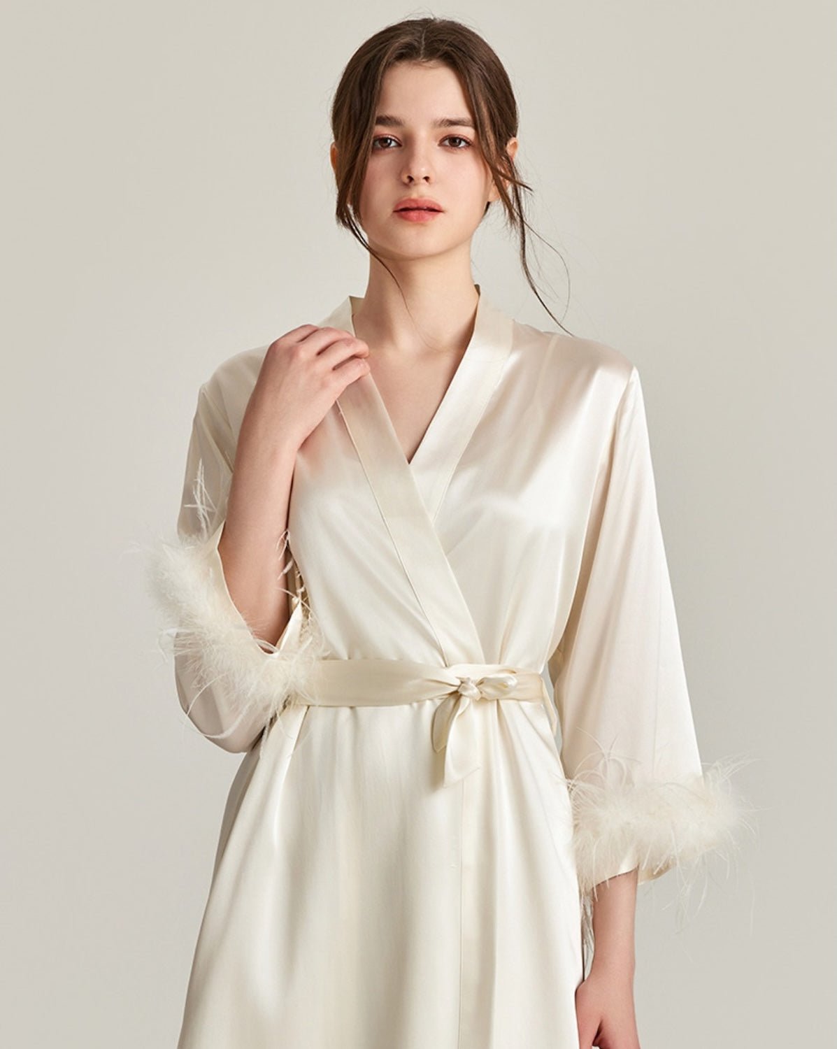 FEELITS 100% Mulberry Silk Maxi Nightgown with Detachable Ostrich Feather Robe | Bridal & Luxury Loungewear - FEELITS