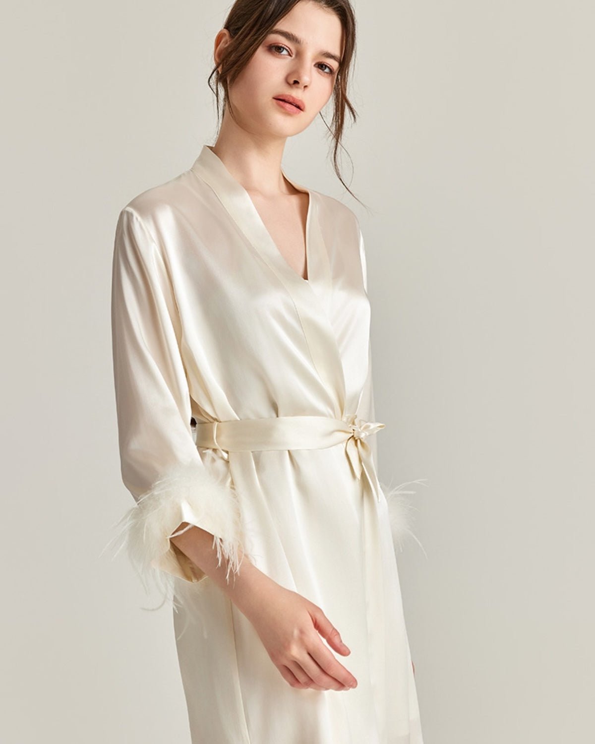 FEELITS 100% Mulberry Silk Maxi Nightgown with Detachable Ostrich Feather Robe | Bridal & Luxury Loungewear - FEELITS