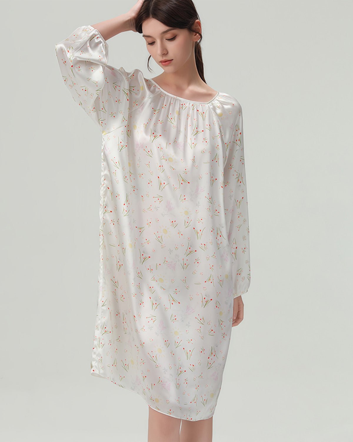 FEELITS 100% Mulberry Silk Nightgown - 19mm Silk with Unique Floral and Ink Wash Print Designs - Elegant and Comfortable Loungewear, Perfect for Self - Wear or Gift - Giving - FEELITS