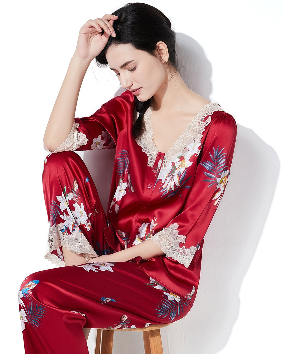 FEELITS 100% Mulberry Silk Pajama Set - 19 Momme Silk with Lace Trim & Floral Print, Long - Sleeve Top + Pants, Elegant Spring/Fall Loungewear - FEELITS