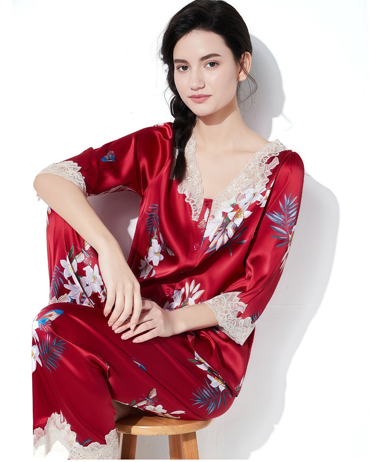 FEELITS 100% Mulberry Silk Pajama Set - 19 Momme Silk with Lace Trim & Floral Print, Long - Sleeve Top + Pants, Elegant Spring/Fall Loungewear - FEELITS