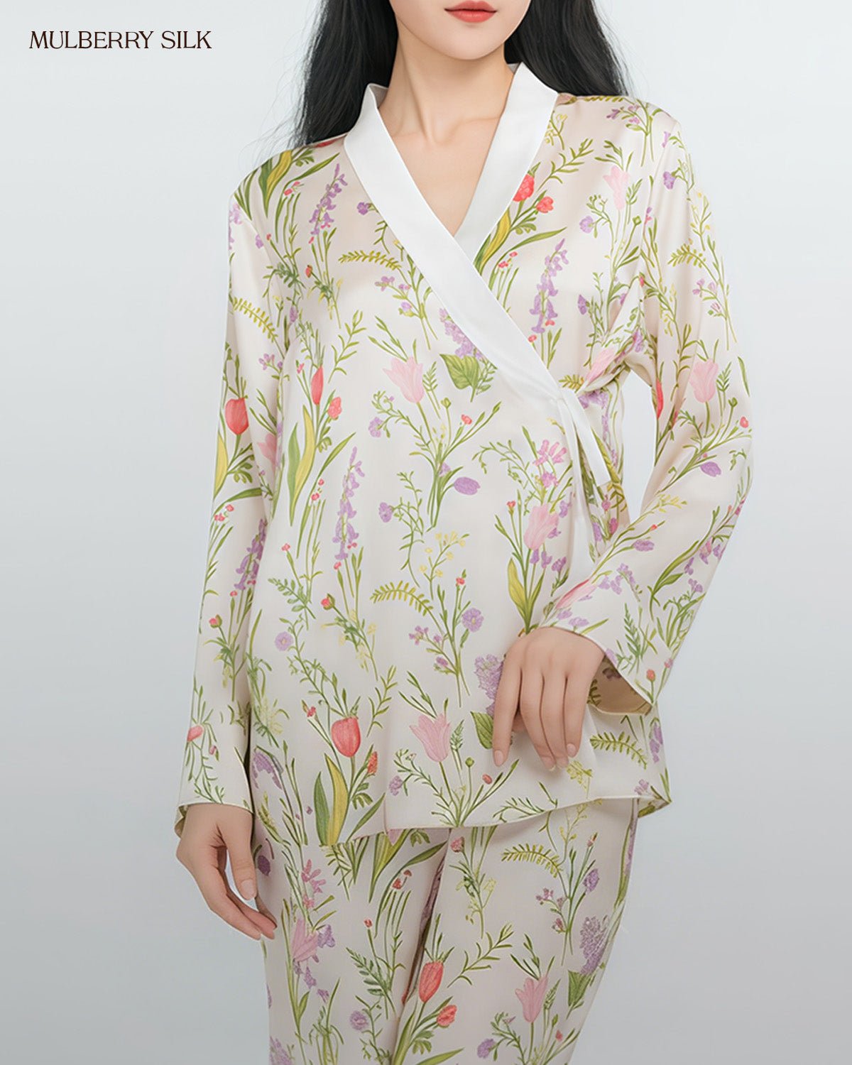 FEELITS 100% Mulberry Silk Pajama Set - Lavender Floral Design, Long Sleeve & Pants - Romantic & Natural, 19mm Silk - V - Neck, Luxurious & Comfortable Sleepwear - FEELITS