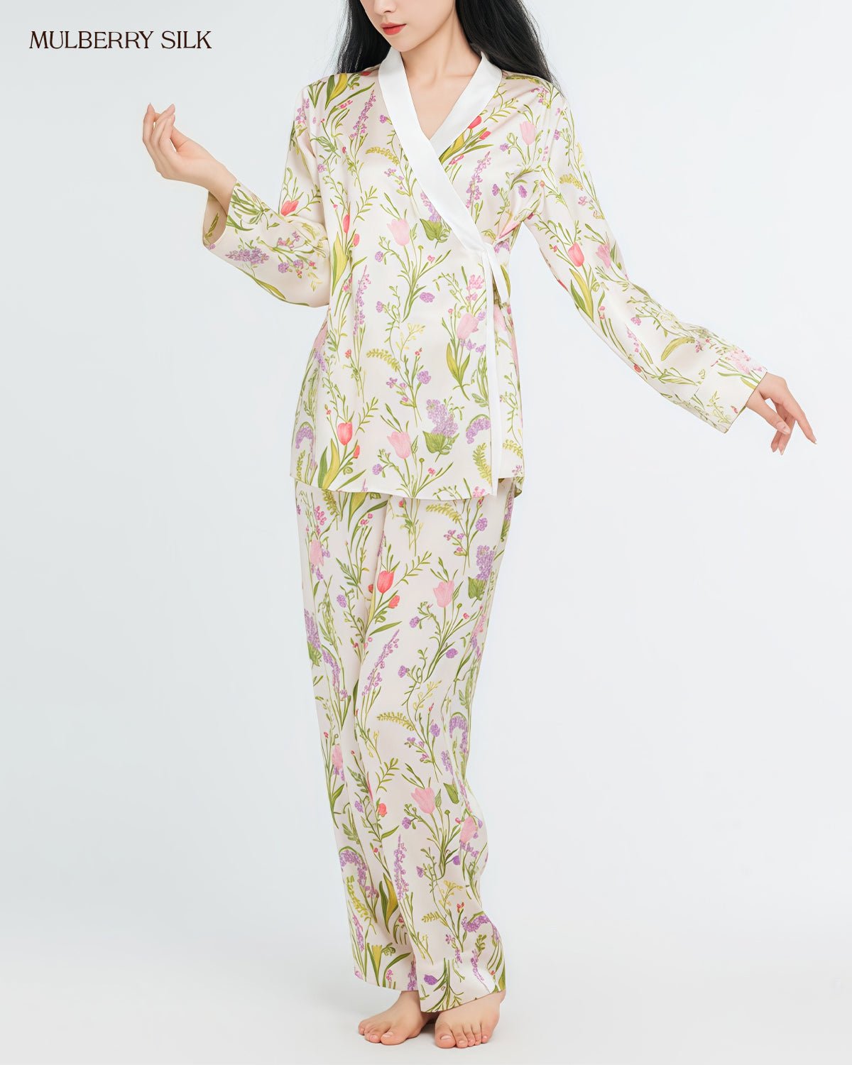 FEELITS 100% Mulberry Silk Pajama Set - Lavender Floral Design, Long Sleeve & Pants - Romantic & Natural, 19mm Silk - V - Neck, Luxurious & Comfortable Sleepwear - FEELITS