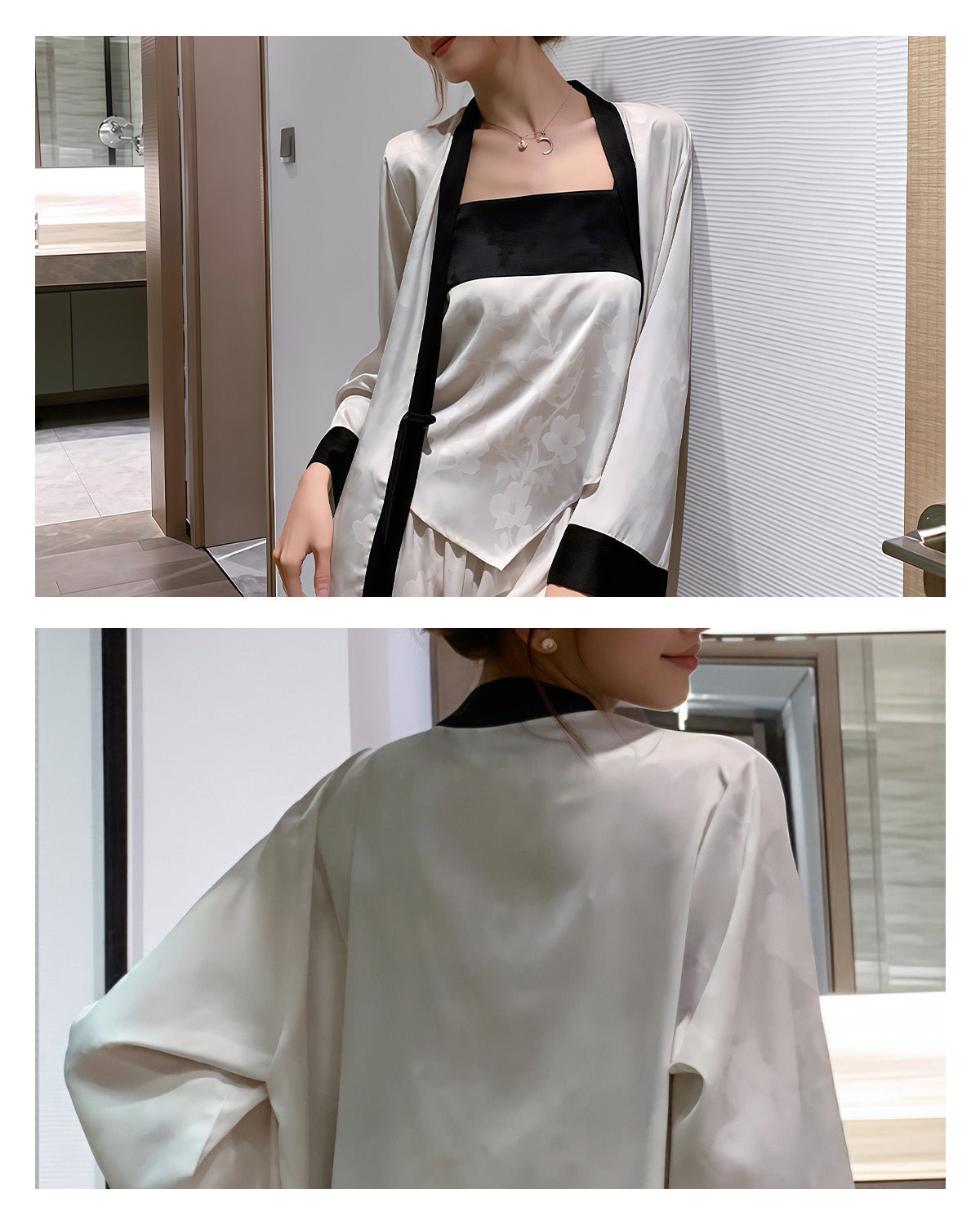 FEELITS 100% Mulberry Silk Pajama Set - Spring & Autumn Three - Piece Set - Camisole, Long Sleeve Top & Pants, Elegant Design, Silk Loungewear with Chest Padding - Hypoallergenic & Skin - Friendly - FEELITS