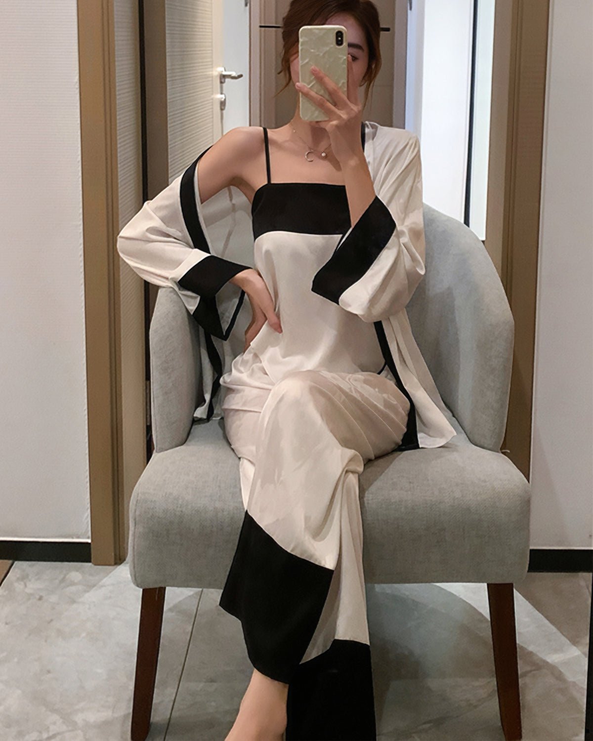 FEELITS 100% Mulberry Silk Pajama Set - Spring & Autumn Three - Piece Set - Camisole, Long Sleeve Top & Pants, Elegant Design, Silk Loungewear with Chest Padding - Hypoallergenic & Skin - Friendly - FEELITS