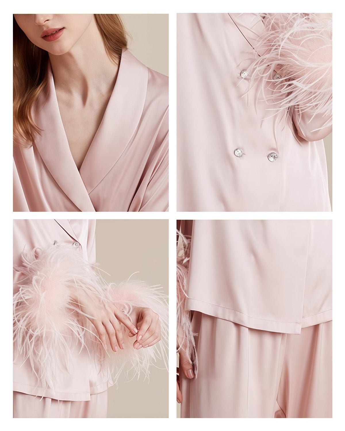 FEELITS 100% Mulberry Silk Pajama Set with Detachable Feathers - Long Sleeve & Pants - Elegant Crystal Button Detail, Soft & Breathable - FEELITS
