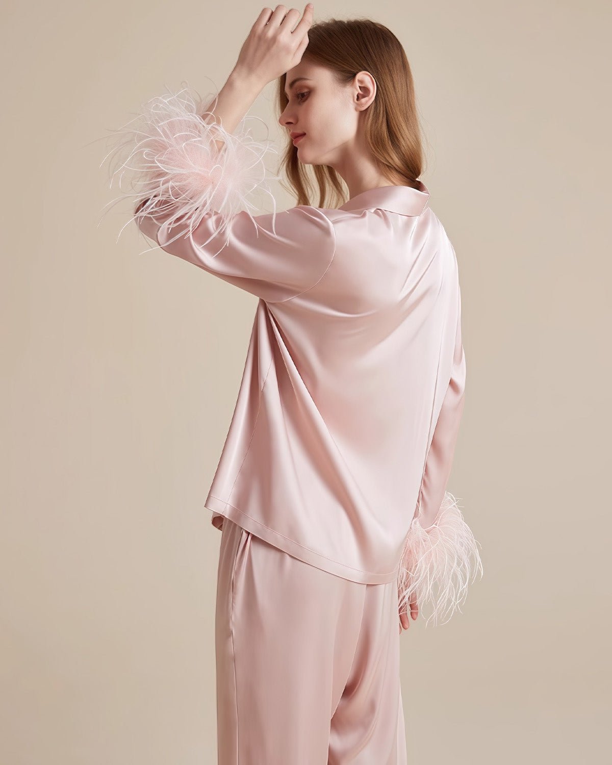 FEELITS 100% Mulberry Silk Pajama Set with Detachable Feathers - Long Sleeve & Pants - Elegant Crystal Button Detail, Soft & Breathable - FEELITS