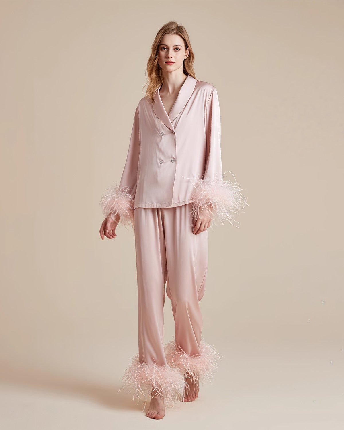 FEELITS 100% Mulberry Silk Pajama Set with Detachable Feathers - Long Sleeve & Pants - Elegant Crystal Button Detail, Soft & Breathable - FEELITS