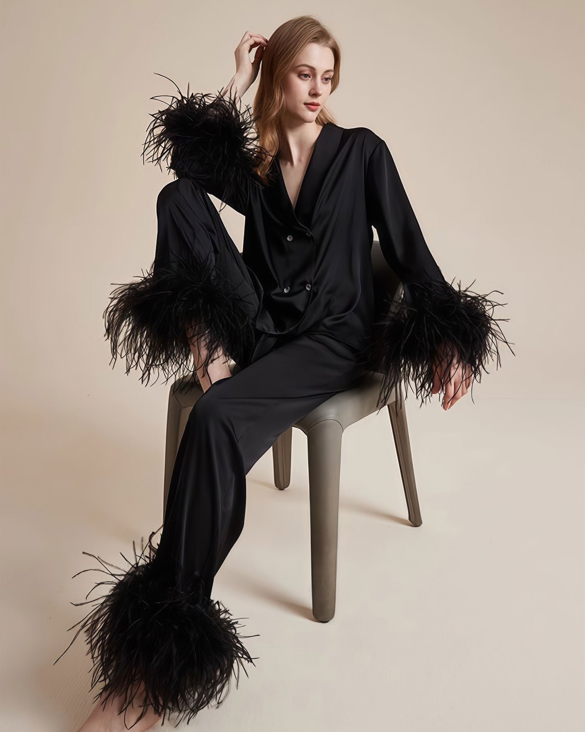 FEELITS 100% Mulberry Silk Pajama Set with Detachable Feathers - Long Sleeve & Pants - Elegant Crystal Button Detail, Soft & Breathable - FEELITS