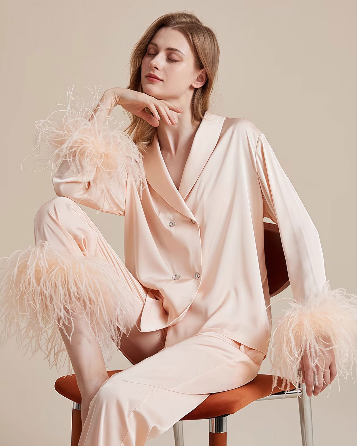 FEELITS 100% Mulberry Silk Pajama Set with Detachable Feathers - Long Sleeve & Pants - Elegant Crystal Button Detail, Soft & Breathable - FEELITS