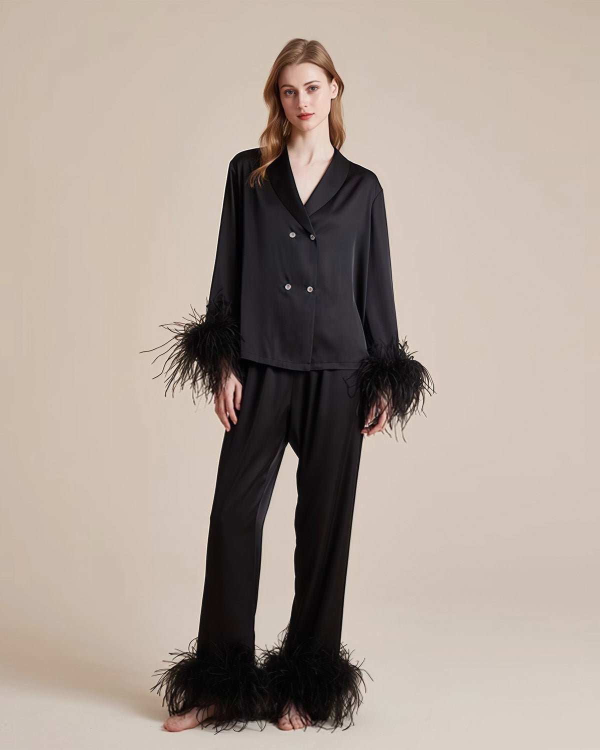 FEELITS 100% Mulberry Silk Pajama Set with Detachable Feathers - Long Sleeve & Pants - Elegant Crystal Button Detail, Soft & Breathable - FEELITS